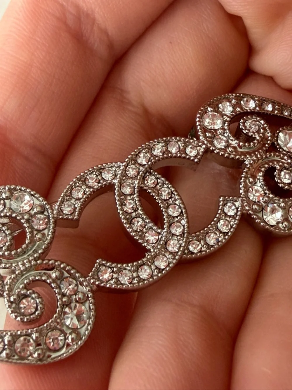 Chanel Crystal Heart Link Brooch - Silver Tone - Picture 2 of 12